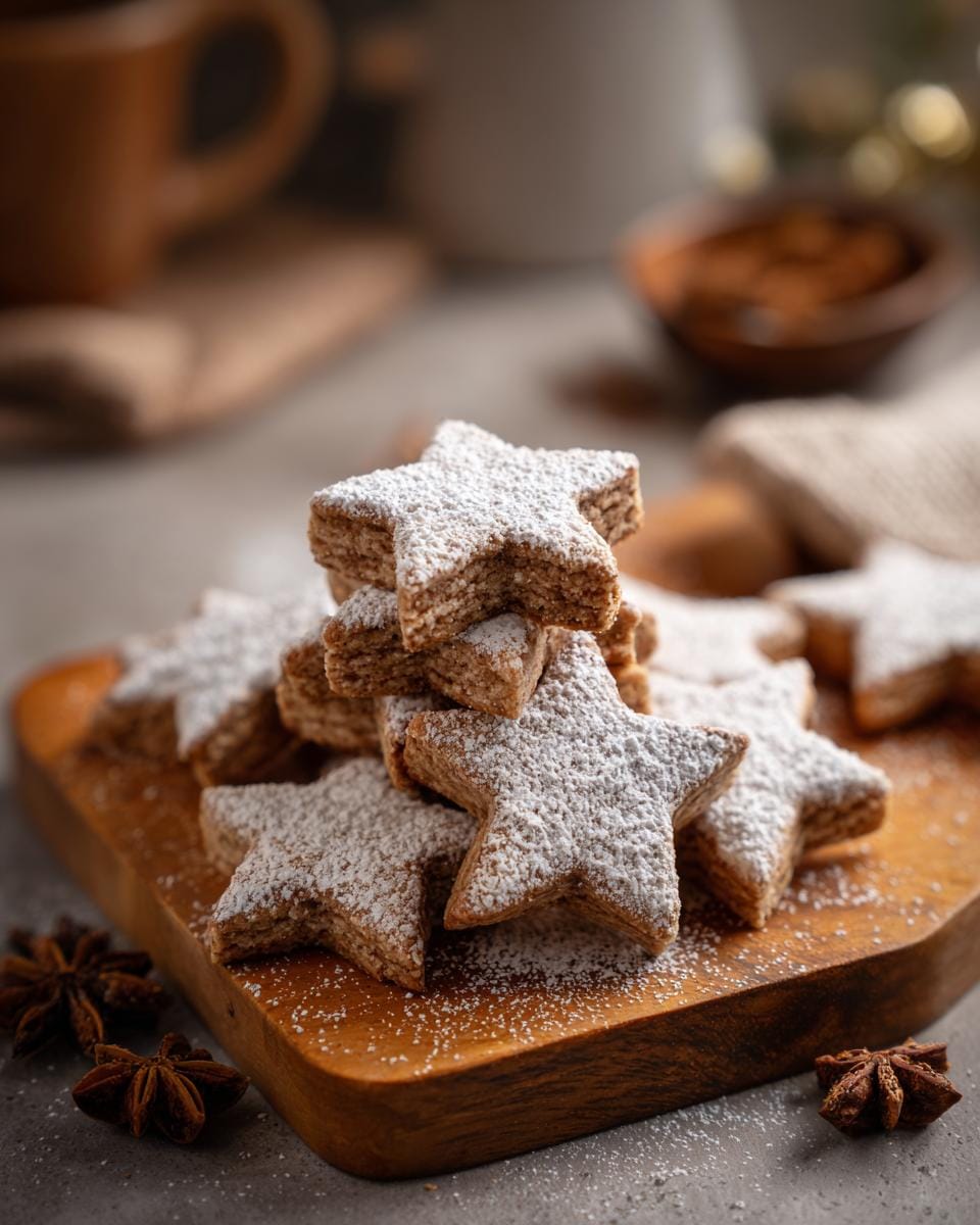 A stack of Weiche Zimtsterne Plätzchen (soft cinnamon stars) dusted with powdered sugar on a wooden board.