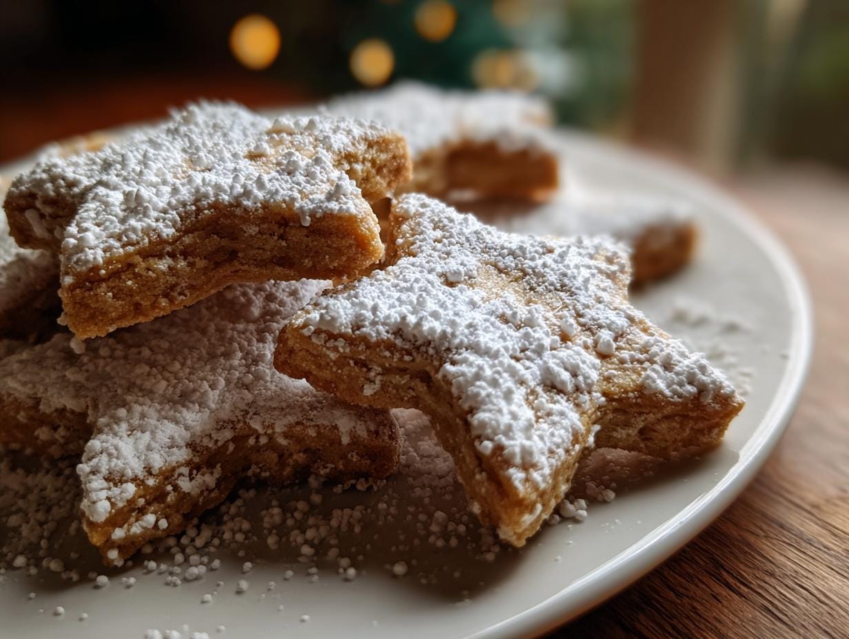 Close-up of Weiche Zimtsterne Plätzchen cookies dusted with powdered sugar on a white plate.
