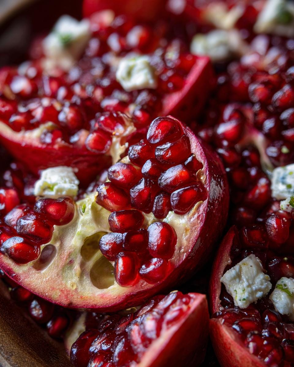 Close-up of Weihnachts-Salat mit Granatapfel & Feta, showing vibrant pomegranate seeds and creamy feta pieces.