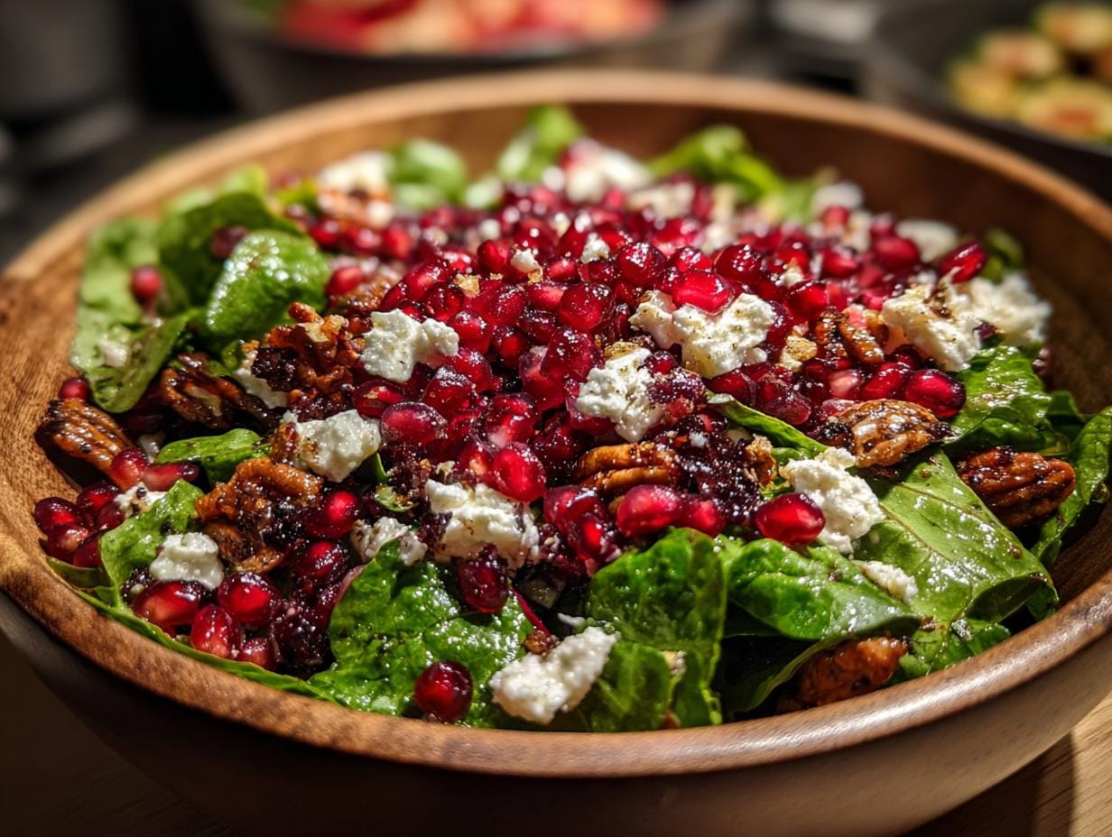 Festlicher Weihnachts-Salat mit Granatapfel & Feta, Nüssen und grünem Salat in einer Holzschale.