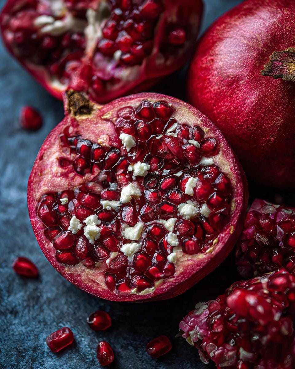 Close-up of a pomegranate with feta, ingredient for Weihnachts-Salat mit Granatapfel & Feta.