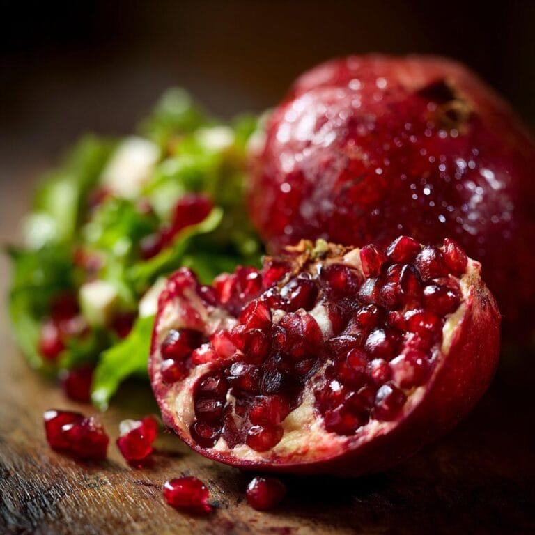 Close-up of pomegranate seeds, a key ingredient in Weihnachts-Salat mit Granatapfel & Feta.