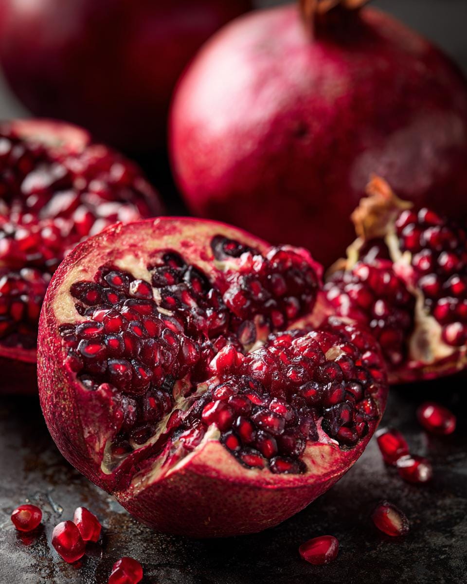 Close-up of a halved pomegranate, showcasing its vibrant red seeds, for Weihnachts-Salat mit Granatapfel & Feta.