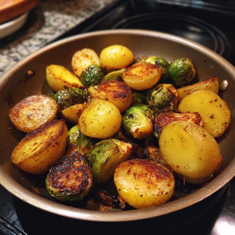 Würzige Kartoffel-Rosenkohl-Pfanne, frisch zubereitet in einer Pfanne. Goldbraune Kartoffeln und Rosenkohl.