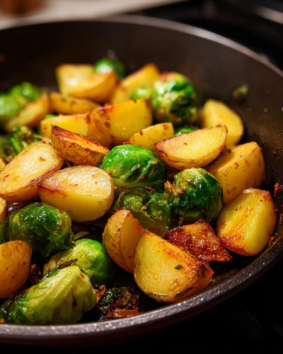 Nahaufnahme einer Würzige Kartoffel-Rosenkohl-Pfanne in einer schwarzen Pfanne, mit Kartoffeln und Rosenkohl.