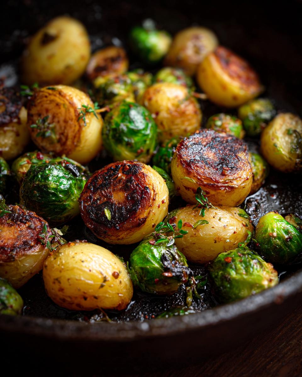 Close-up of Würzige Kartoffel-Rosenkohl-Pfanne, showing potatoes and brussel sprouts in a pan.