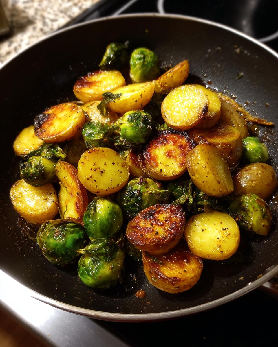 Nahaufnahme einer Würzige Kartoffel-Rosenkohl-Pfanne in einer schwarzen Pfanne, mit gebratenen Kartoffeln und Rosenkohl.