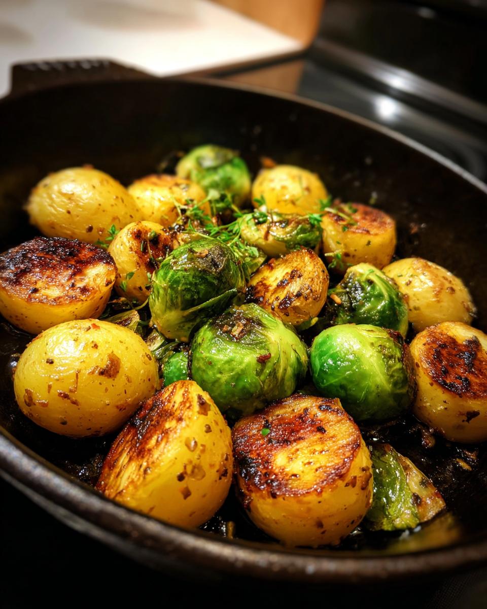Nahaufnahme einer Würzige Kartoffel-Rosenkohl-Pfanne, serviert in einer schwarzen Pfanne mit Kräutern.