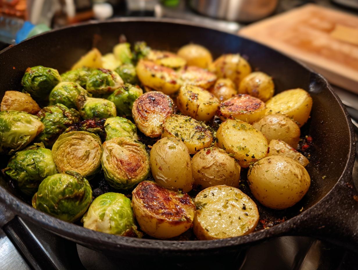 Würzige Kartoffel-Rosenkohl-Pfanne, frisch zubereitet in einer gusseisernen Pfanne, mit Kartoffeln und Rosenkohl.