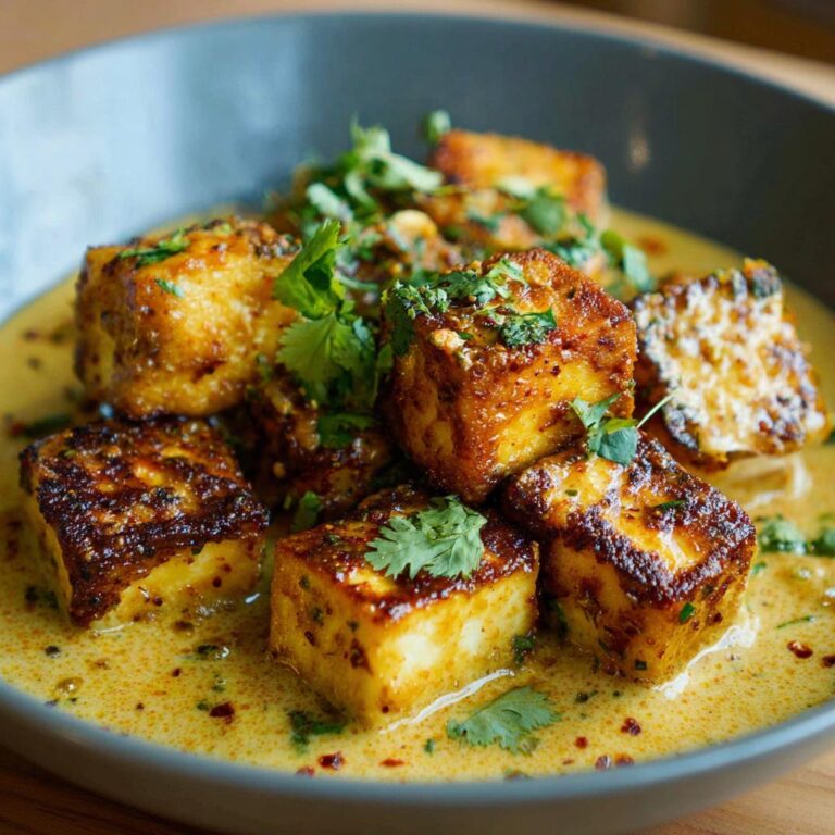 Close-up of Würziger Tofu in cremiger Kokossoße, garnished with fresh cilantro in a dark bowl.