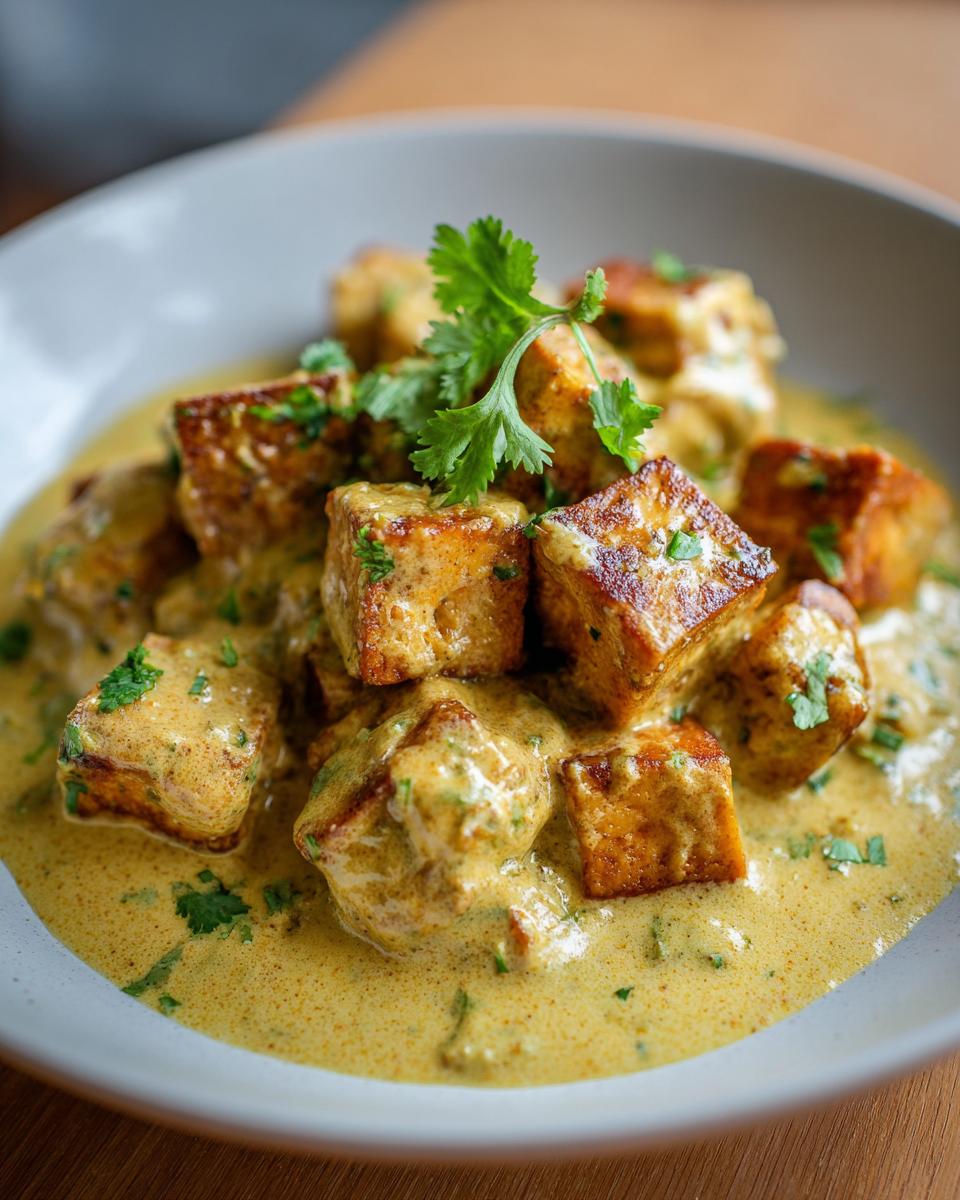 Nahaufnahme von Würziger Tofu in cremiger Kokossoße, garniert mit Koriander.