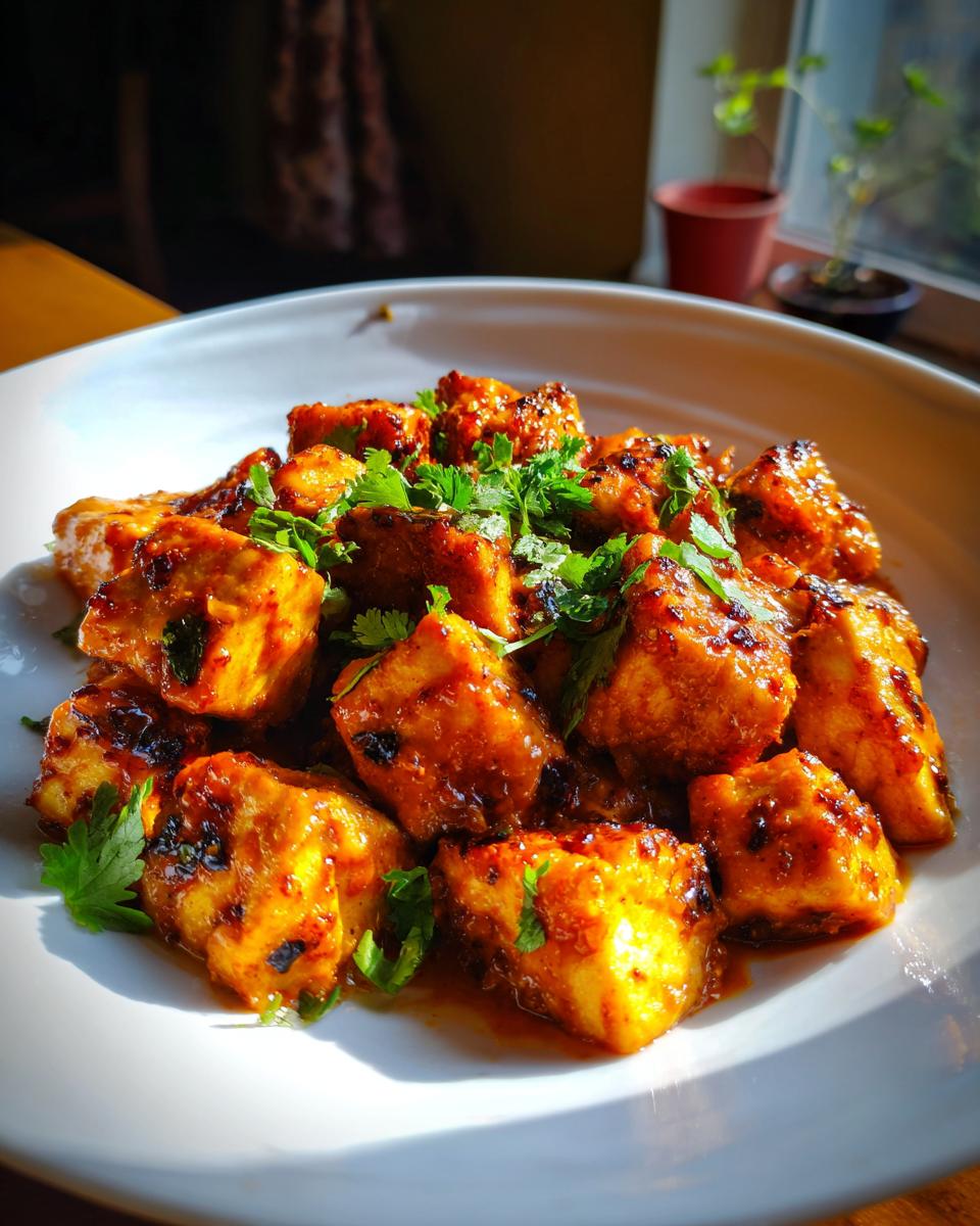 Nahaufnahme von würziger Tofu in cremiger Kokossoße, garniert mit frischem Koriander auf einem weißen Teller.