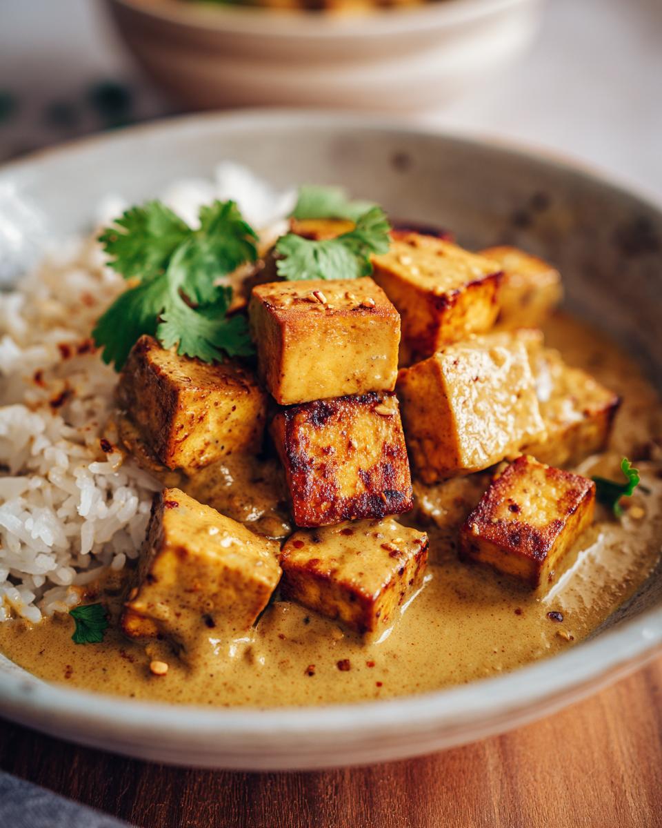 Nahaufnahme von würziger Tofu in cremiger Kokossoße, serviert mit Reis und Koriander.
