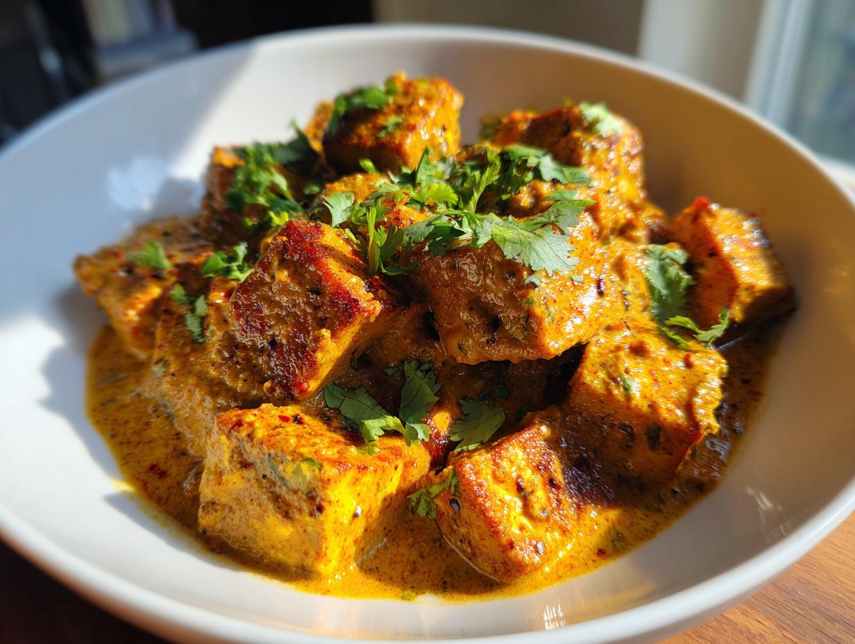 Nahaufnahme von würziger Tofu in cremiger Kokossoße, garniert mit frischen Kräutern.