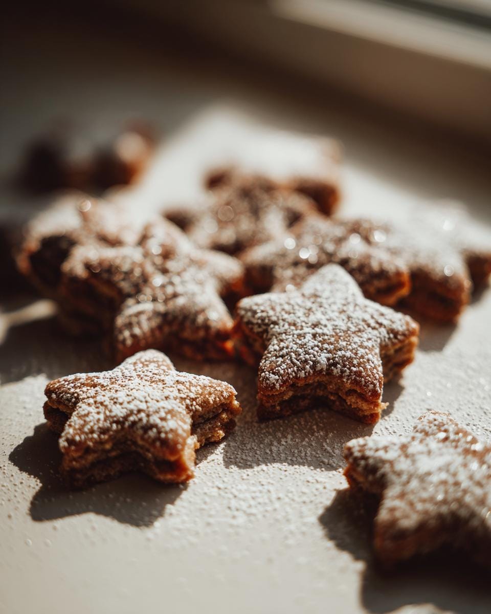 Close-up of Zimtsterne schnell und einfach cookies dusted with powdered sugar, arranged on a light surface.