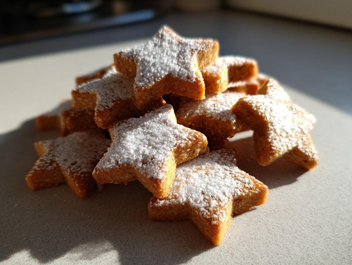 Pile of Zimtsterne schnell und einfach cookies, dusted with powdered sugar, on a bright surface.