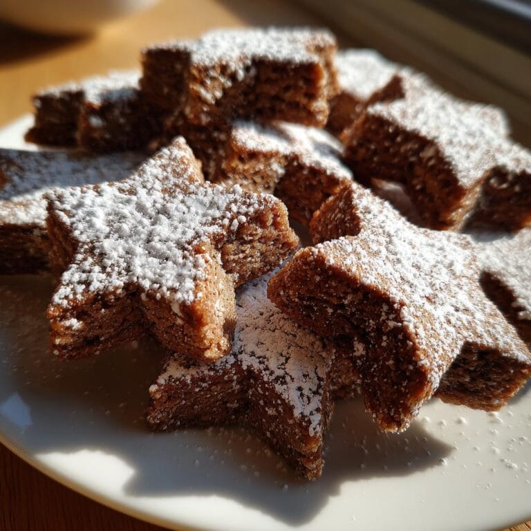 A pile of Zimtsterne schnell und einfach cookies, dusted with powdered sugar, on a white plate.