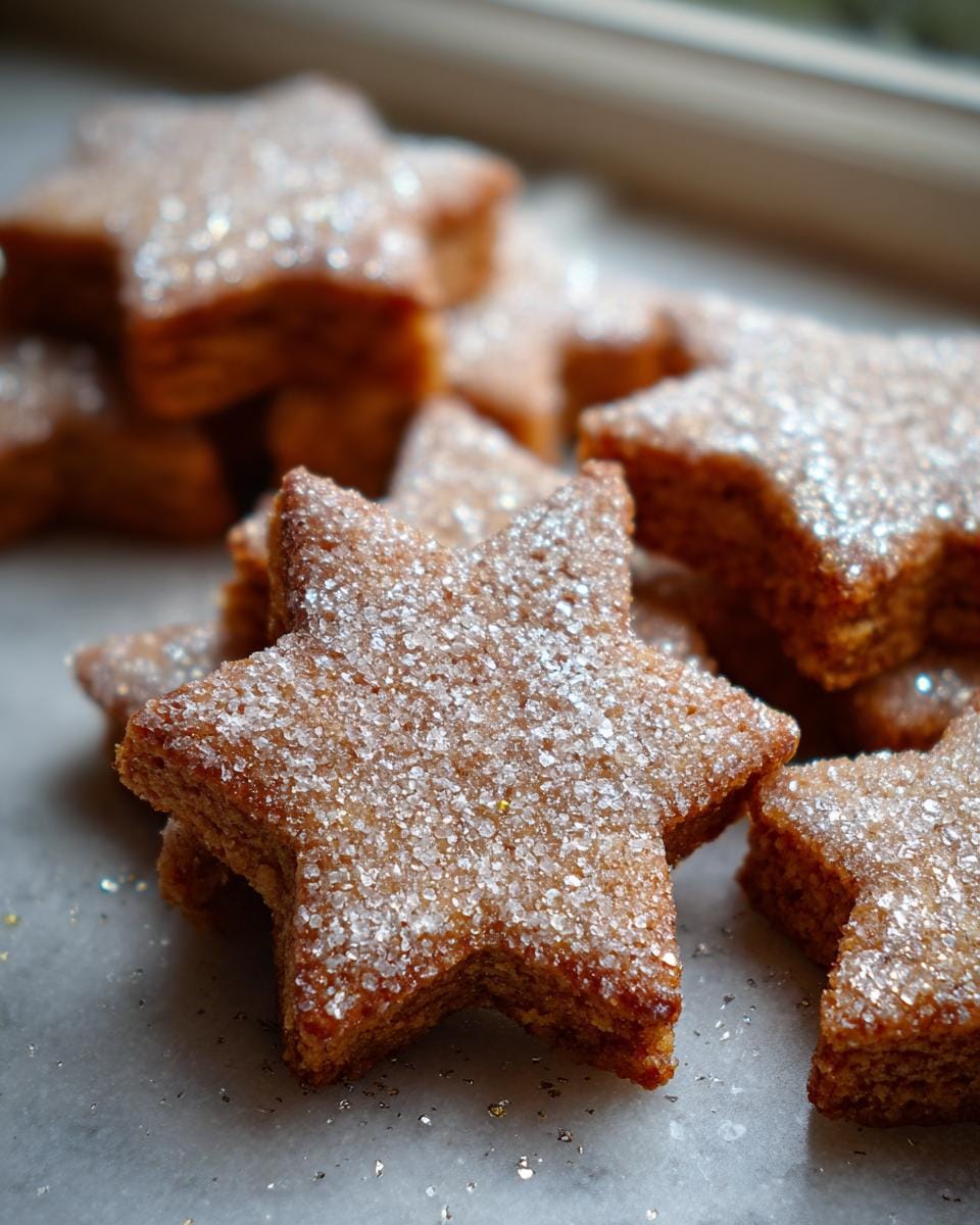 Close-up of Zimtsterne schnell und einfach, German cinnamon star cookies covered in sparkling sugar.