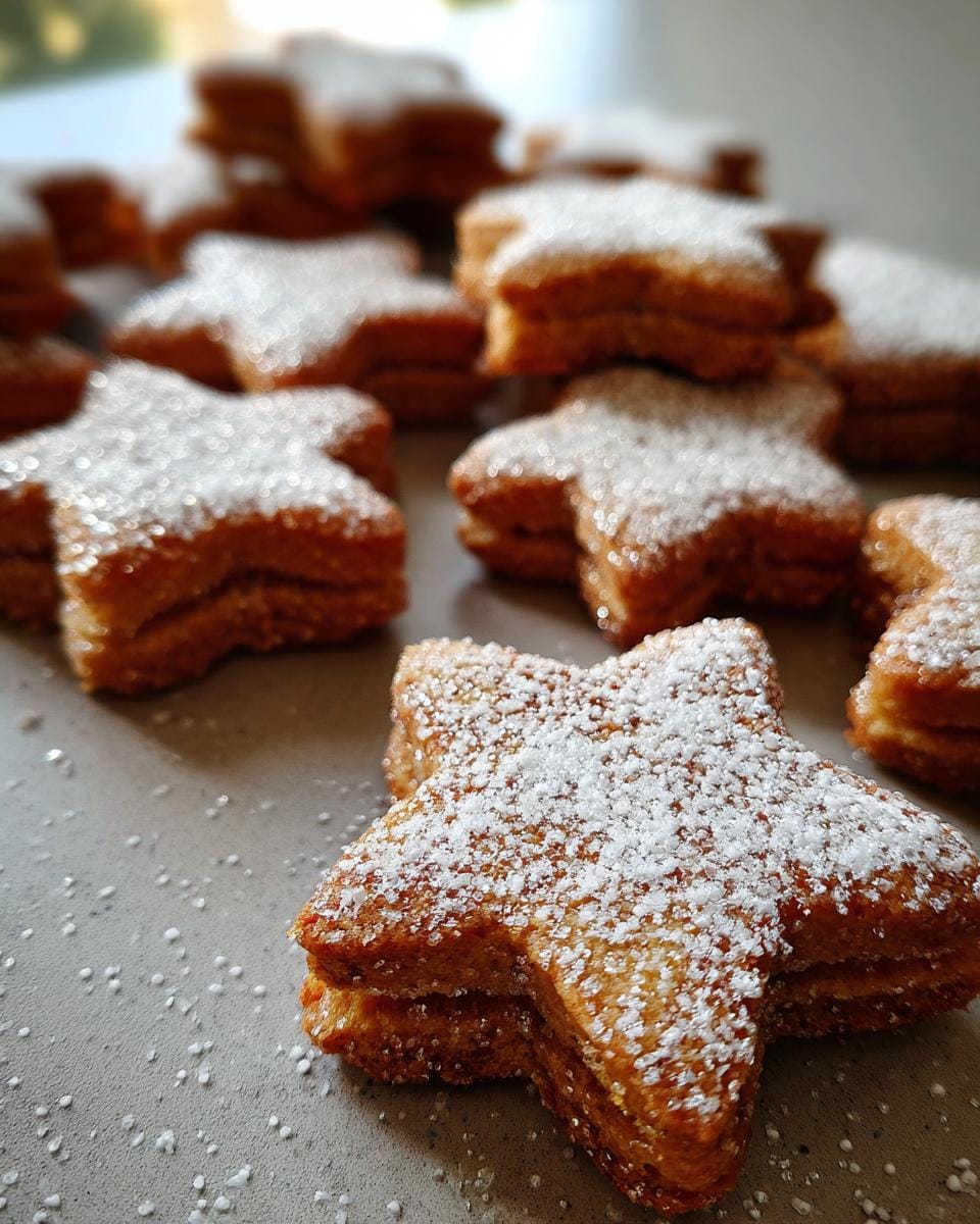 Close-up of Zimtsterne schnell und einfach cookies, dusted with powdered sugar on a gray surface.