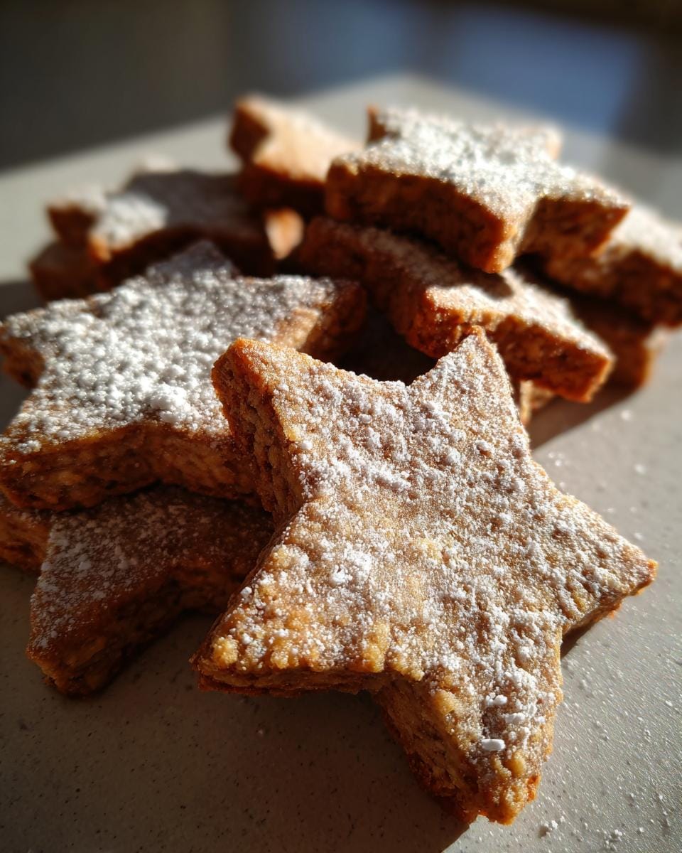 Pile of Zimtsterne schnell und einfach cookies dusted with powdered sugar, ready to enjoy.