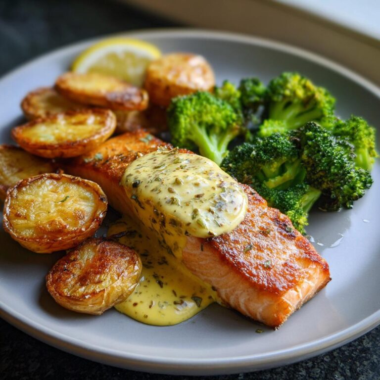 Zitronenbutterlachs mit knusprigen Kartoffeln und Brokkoli served on a plate with a lemon wedge.