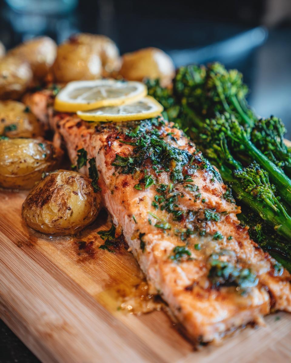 Close-up of Zitronenbutterlachs mit knusprigen Kartoffeln und Brokkoli on a wooden board, garnished with lemon.