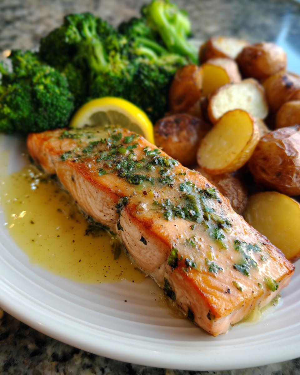 Zitronenbutterlachs mit knusprigen Kartoffeln und Brokkoli served on a white plate with a lemon wedge.