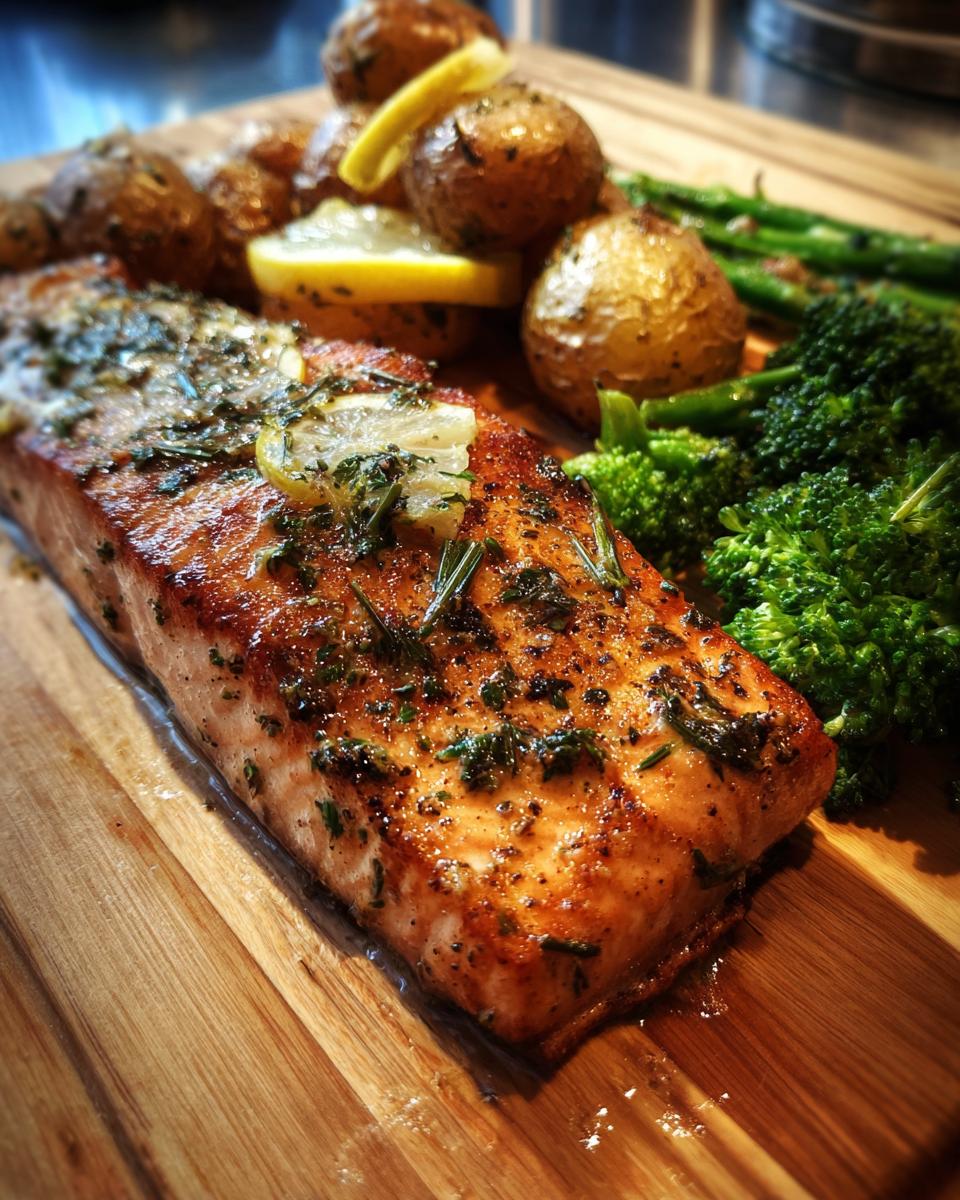 Zitronenbutterlachs mit knusprigen Kartoffeln und Brokkoli, garnished with lemon and herbs, served on a wooden board.
