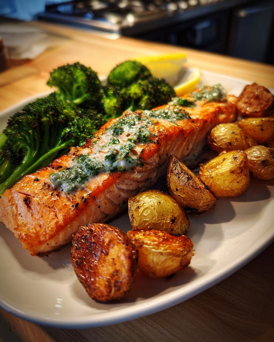 Close-up of Zitronenbutterlachs mit knusprigen Kartoffeln und Brokkoli on a white plate with a lemon wedge.