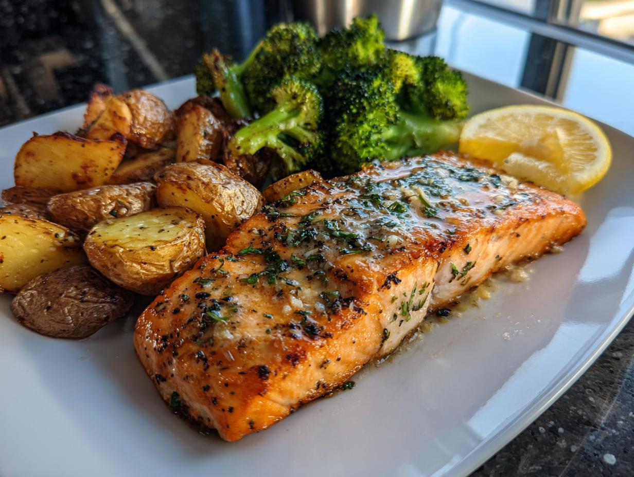 Delicious Zitronenbutterlachs mit knusprigen Kartoffeln und Brokkoli on a white plate with a lemon wedge.