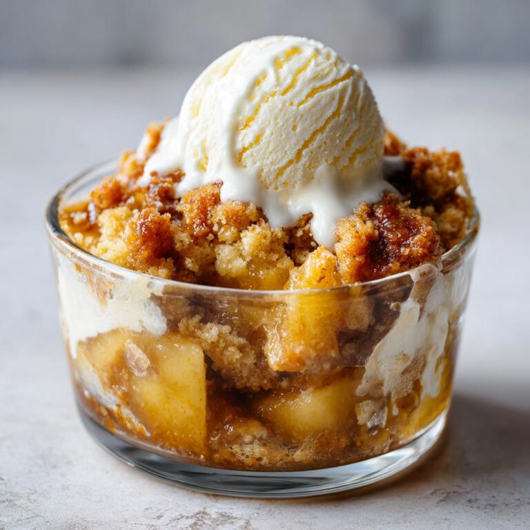 Ein Glas mit Apfel Crumble und einer Kugel Vanilleeis, das schmilzt.