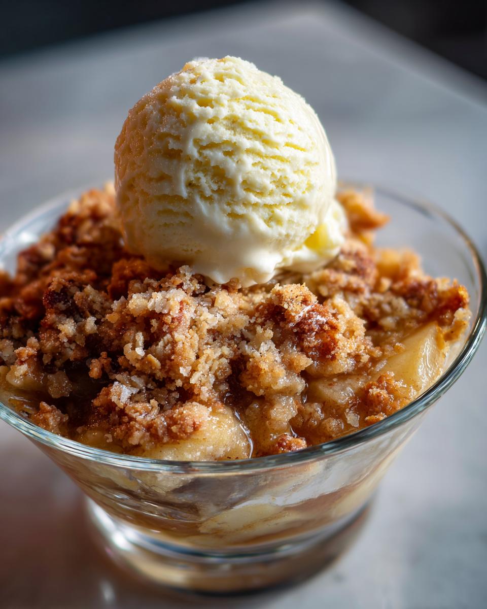 Apfel Crumble mit Vanilleeis im Glas, ein köstliches Dessert mit Apfelstücken und Streuseln, gekrönt von einer Kugel Vanilleeis.