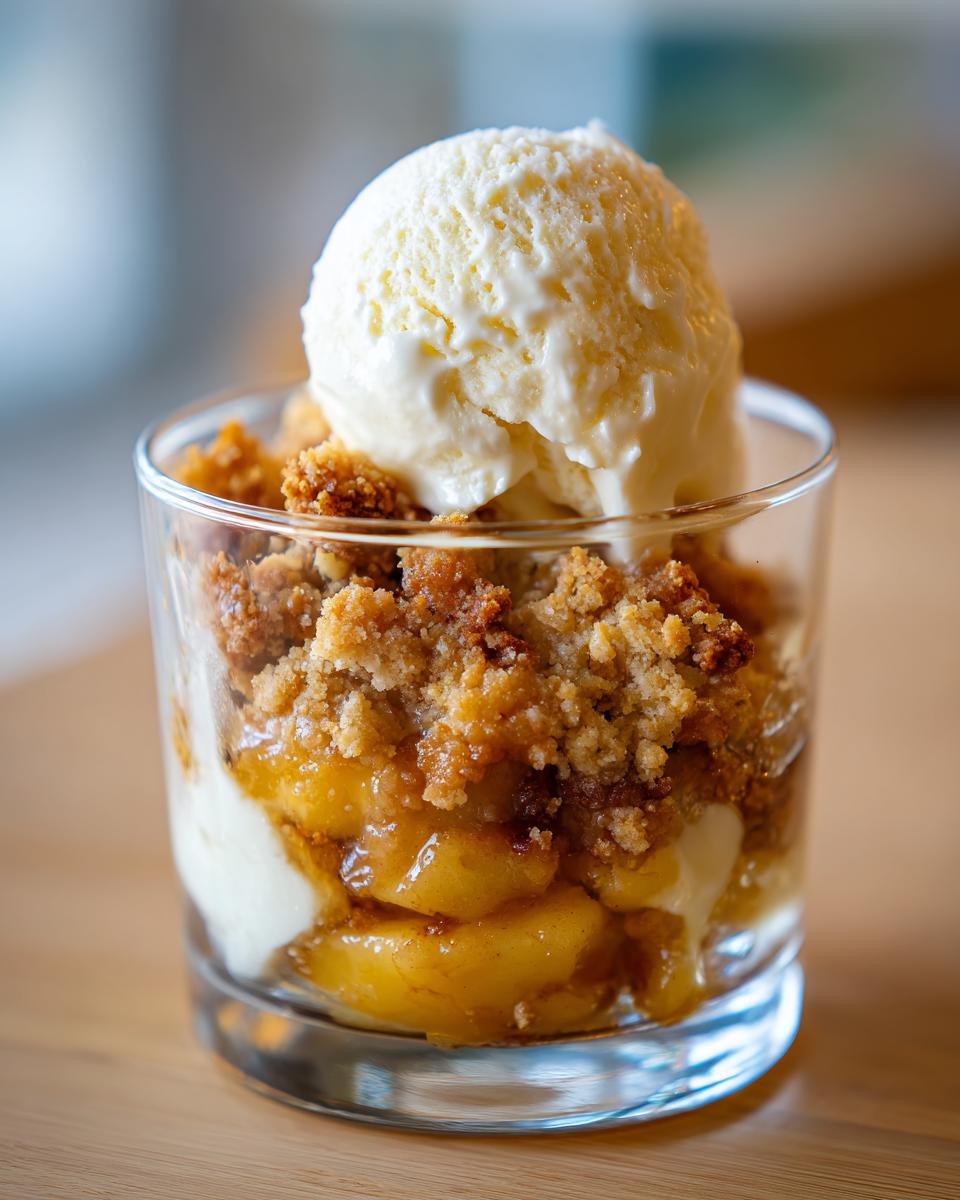 Ein Glas Apfel Crumble mit Vanilleeis, geschichtet mit Äpfeln, Streuseln und einer Kugel Vanilleeis.