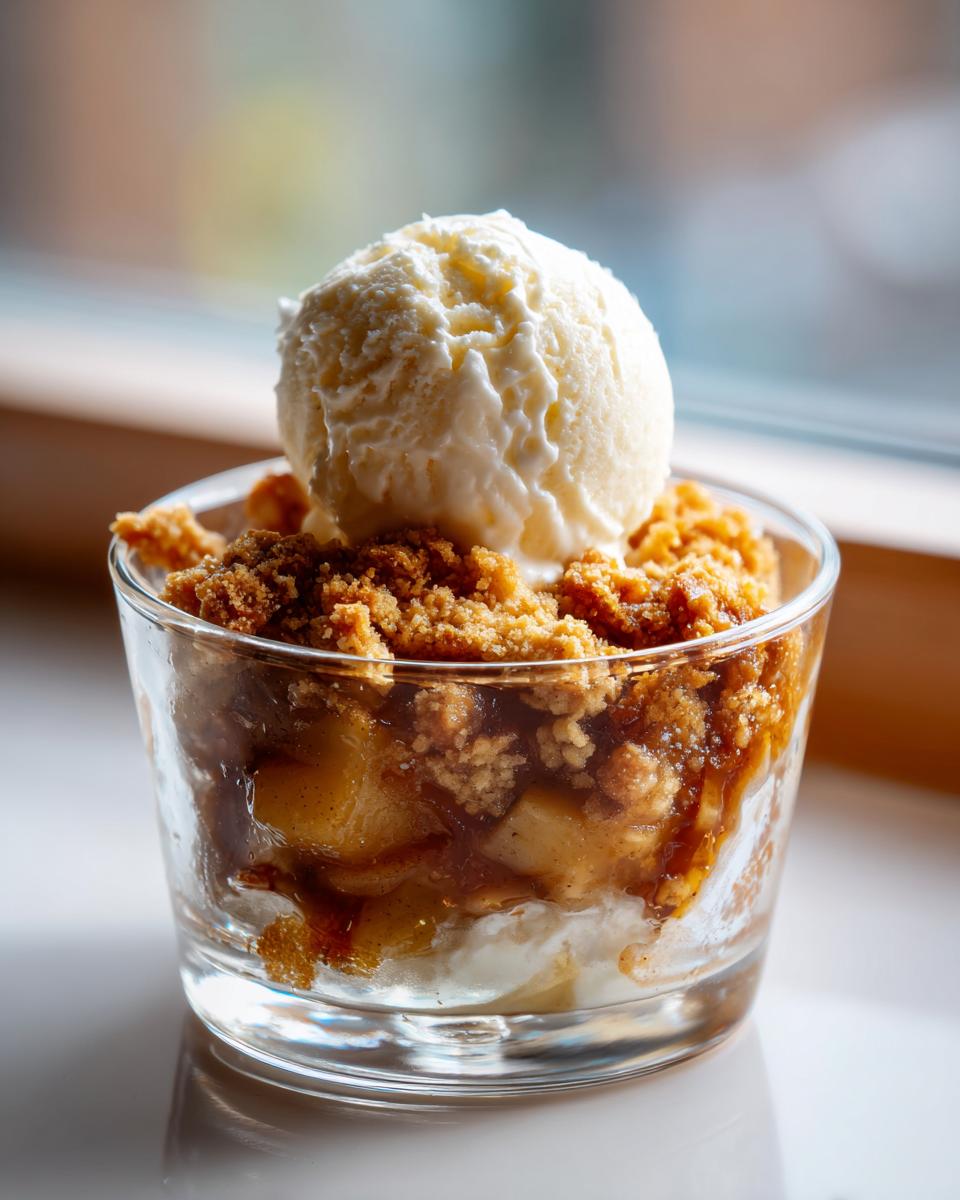 Apfel Crumble mit Vanilleeis im Glas, ein süßer Dessert im Glas mit Apfelstücken und Streuseln.
