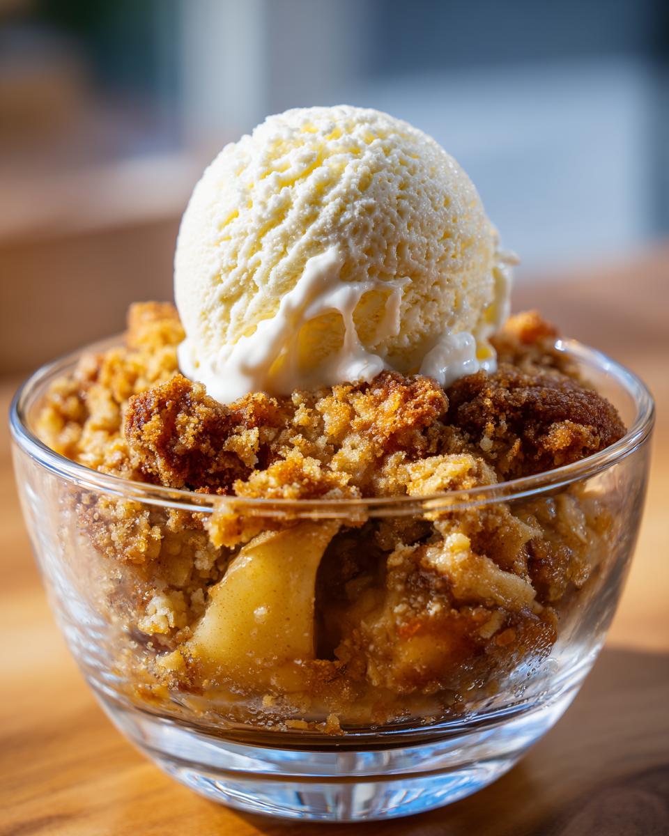 Ein Glas Apfel Crumble mit Vanilleeis, serviert auf einem Holztisch.