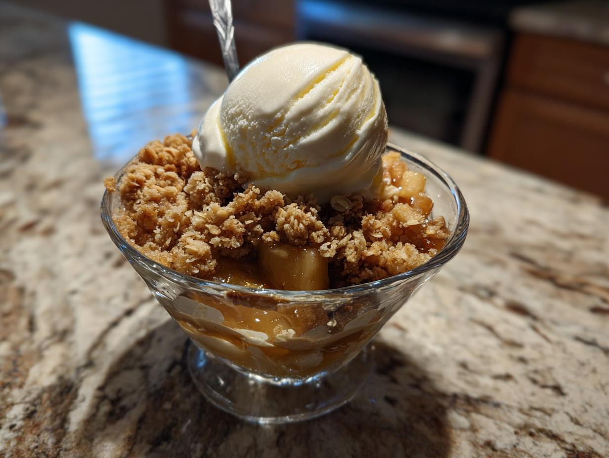 Ein Glas Apfel Crumble mit Vanilleeis, garniert mit Streuseln und einer Kugel Vanilleeis.