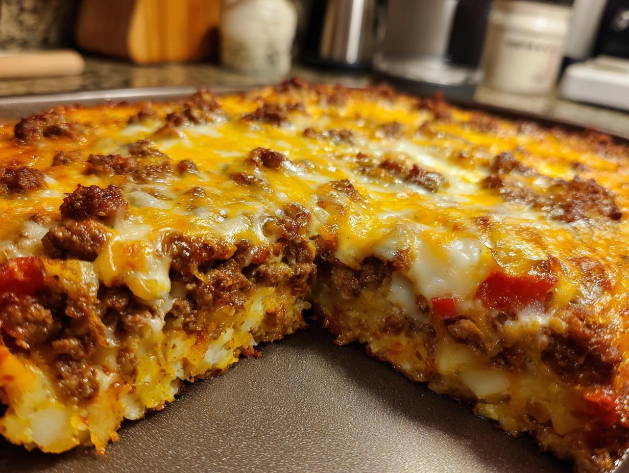 Ein Stück Arme-Leute-Ehemann Auflauf mit Hackfleisch und geschmolzenem Käse.