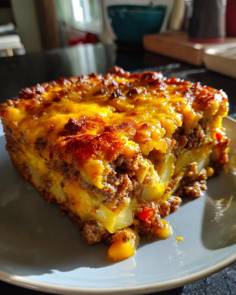 Ein Stück Arme-Leute-Ehemann Auflauf mit Hackfleisch und Kartoffeln, überbacken mit Käse.