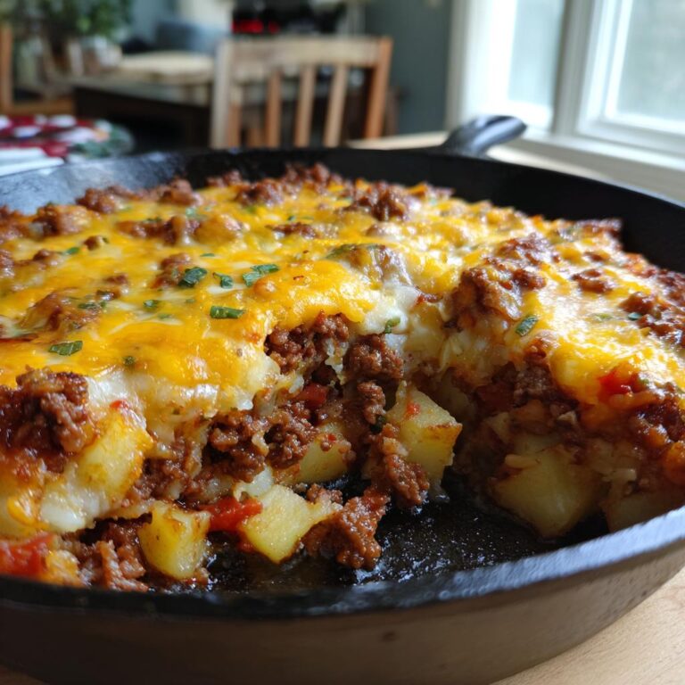 Ein köstlicher Arme-Leute-Ehemann Auflauf in einer Gusseisenpfanne, mit geschmolzenem Käse und Hackfleisch über Kartoffeln.