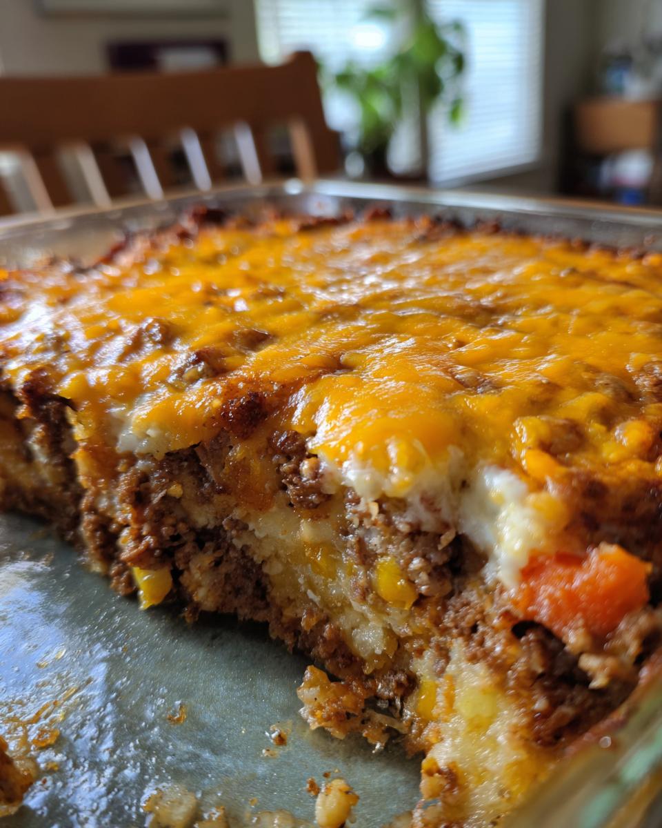 Eine Scheibe Arme-Leute-Ehemann Auflauf mit Hackfleisch, Mais und Käse überbacken.