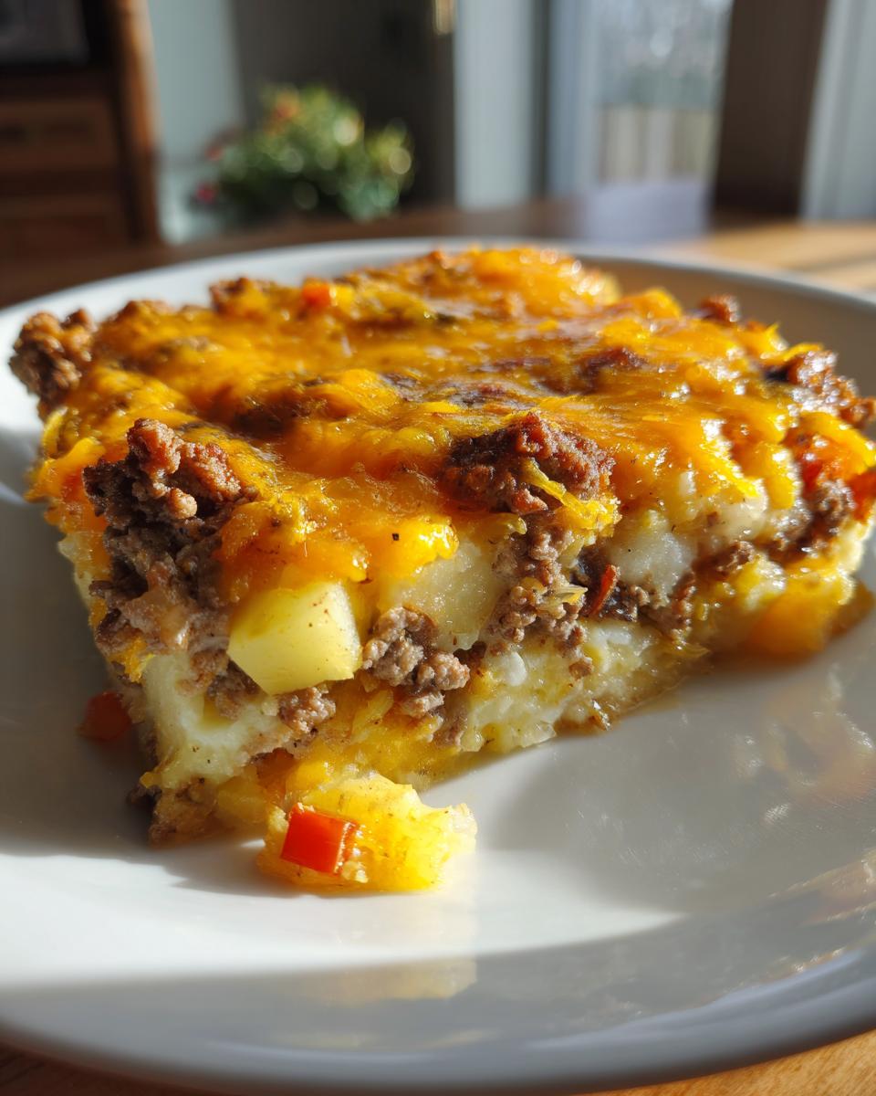 Eine Scheibe Arme-Leute-Ehemann Auflauf mit Hackfleisch und Käse über Kartoffeln.