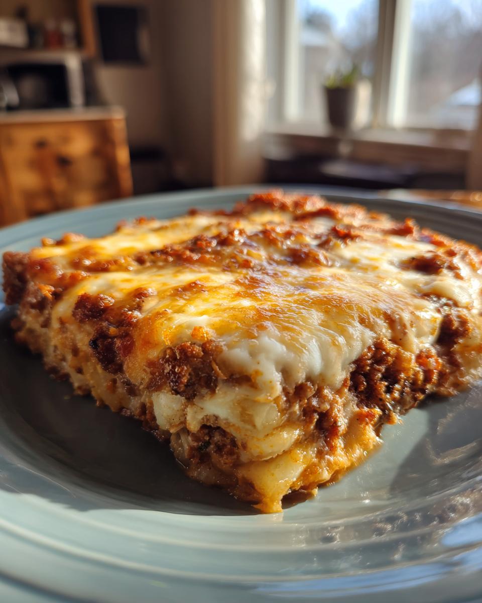 Ein köstliches Stück Arme-Leute-Ehemann Auflauf mit geschmolzenem Käse und Hackfleischschichten.