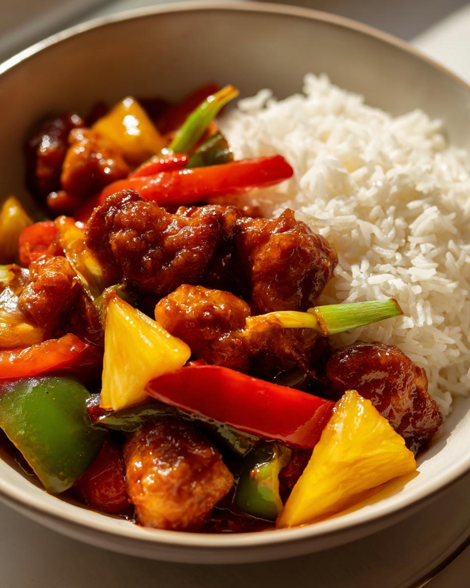 Asia Hähnchen süß-sauer mit Gemüse und Reis in einer Schüssel, nahaufnahme.