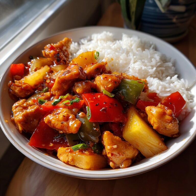 Asia Hähnchen süß-sauer mit Gemüse und Reis in einer Schüssel, garniert mit Frühlingszwiebeln.