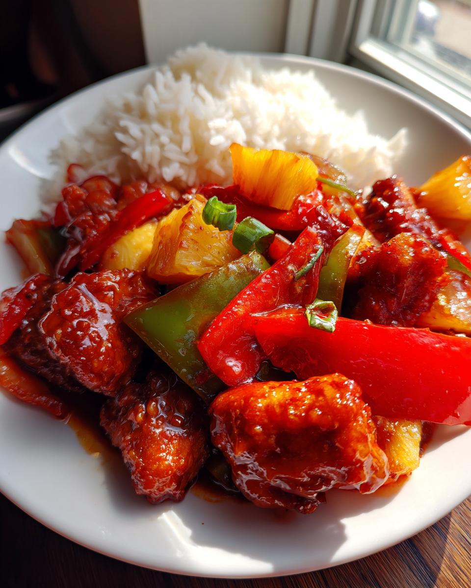 Asia Hähnchen süß-sauer mit Gemüse, serviert mit einer Portion Reis auf einem weißen Teller.