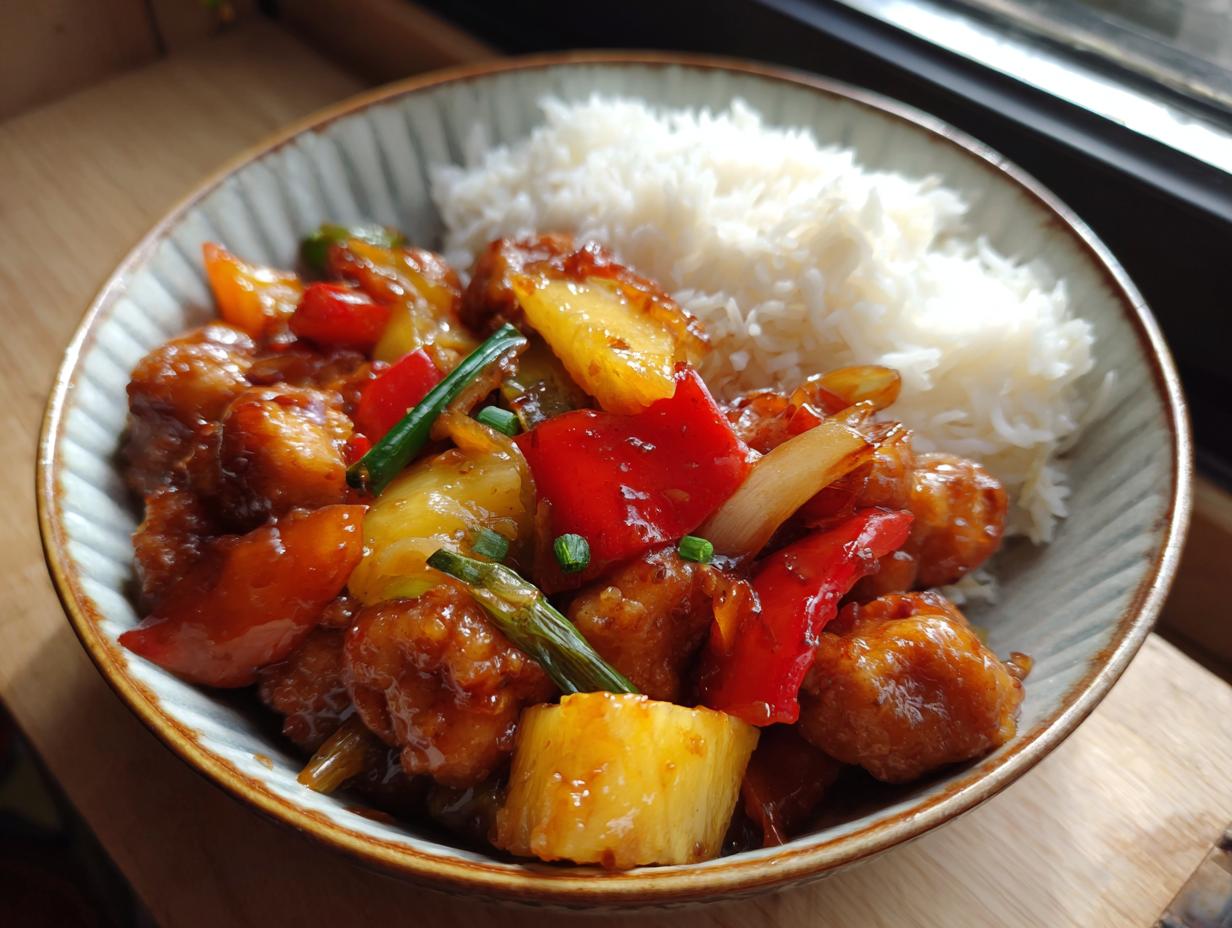 Asia Hähnchen süß-sauer mit Gemüse und Reis in einer Schüssel, mit Paprika, Ananas und Frühlingszwiebeln.