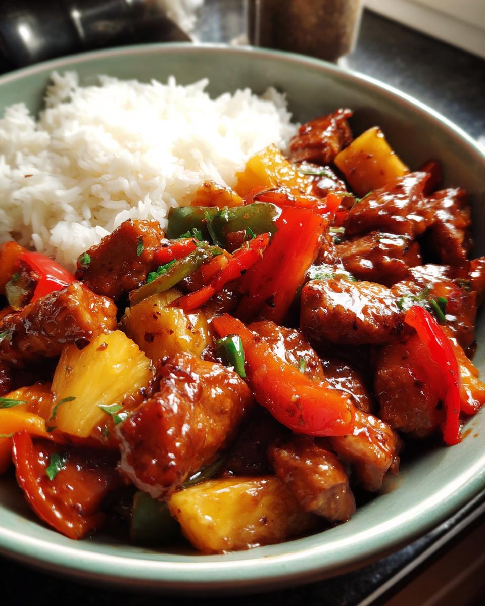 Asia Hähnchen süß-sauer mit Gemüse, Ananasstücken und Reis in einer Schüssel.