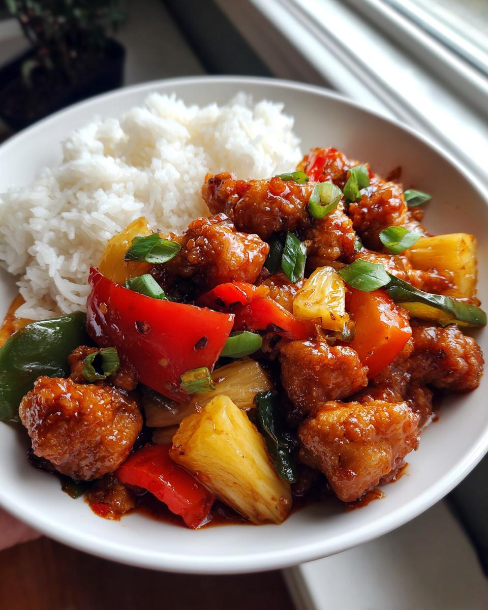 Asia Hähnchen süß-sauer mit Gemüse und Reis in einer Schüssel, garniert mit Frühlingszwiebeln.