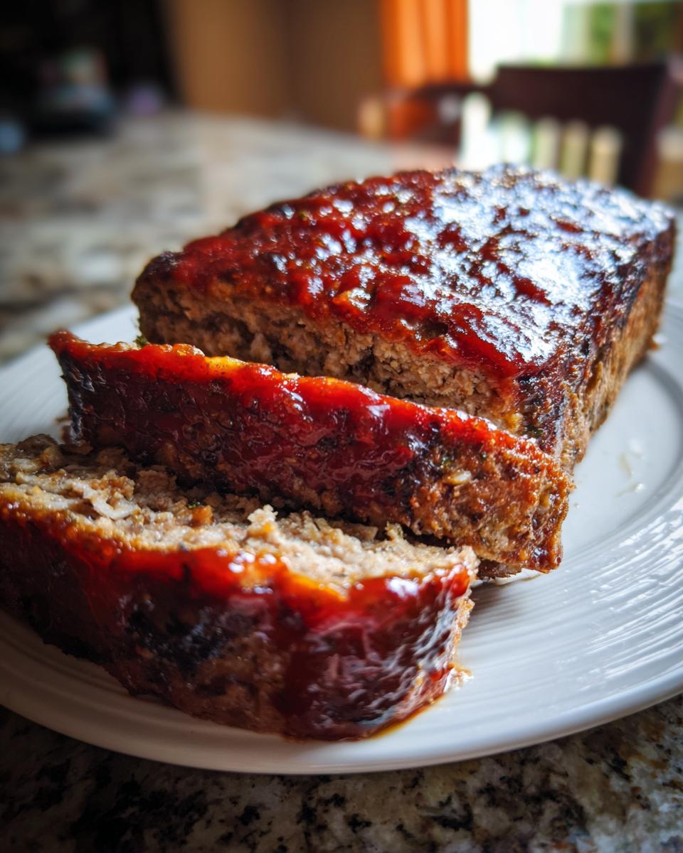 Saftiger Bester Hackbraten aus dem Ofen, glasiert mit einer roten Soße, auf einem Teller angeschnitten.
