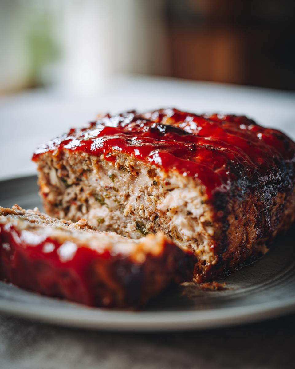 Nahaufnahme eines saftigen Bester Hackbraten aus dem Ofen, mit einer glänzenden roten Glasur.